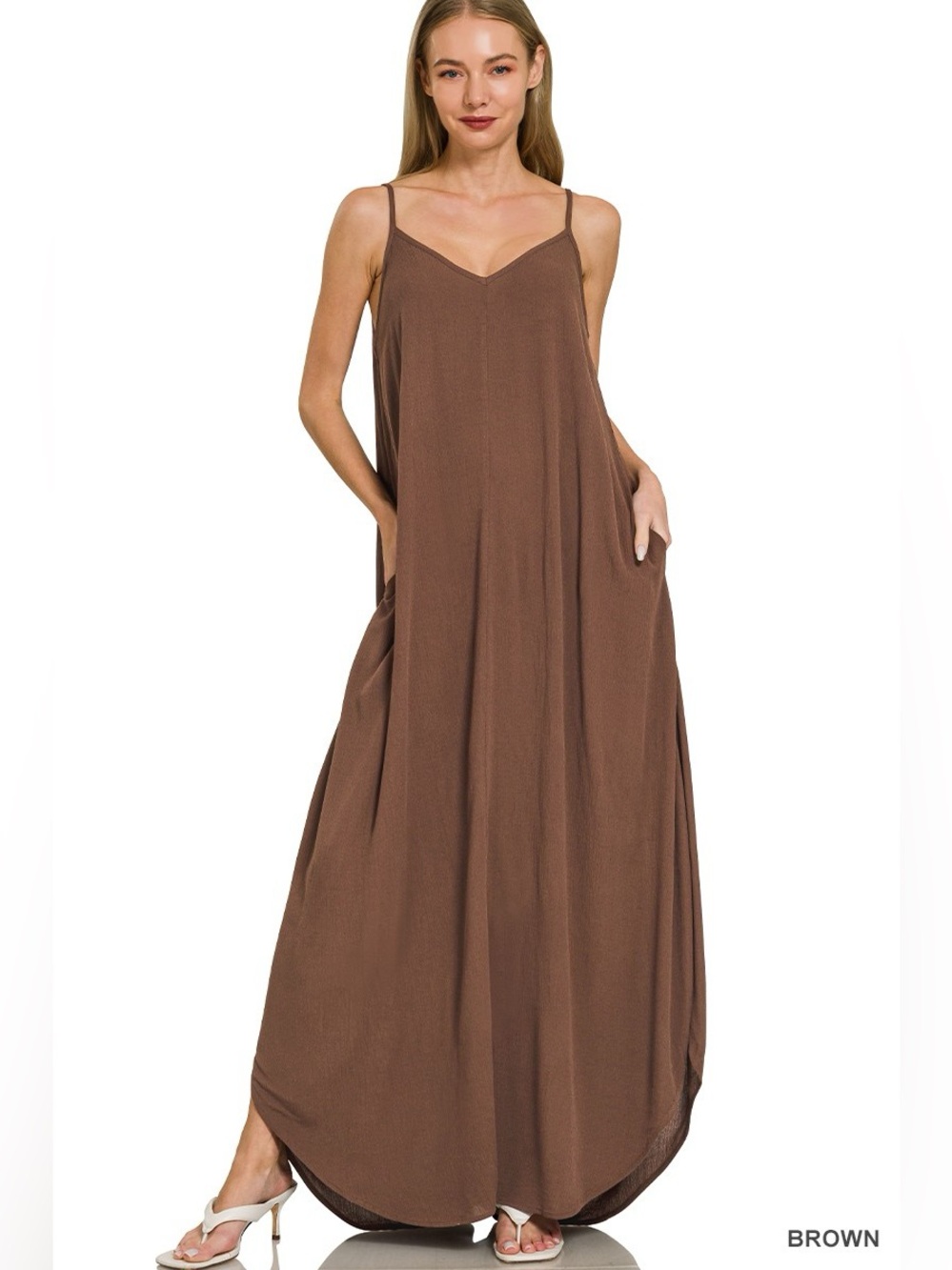 🤎 Zenana Woven Crinkle Cami Maxi Dress With Side Pockets🤎🛍️